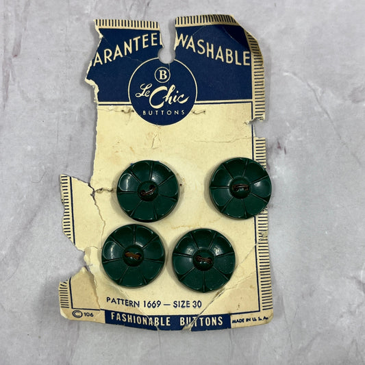 Vintage MCM Le Chic Lot of 4 Deep Green Size 30 Buttons on Card 1669 SE2