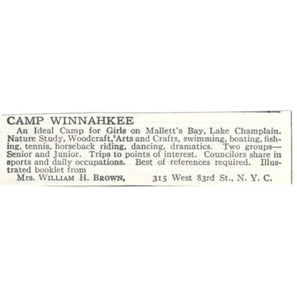Camp Winnahkee Mallett's Bay Lake Champlain WIlliam H. Brown c1918 Ad AE5-SA11