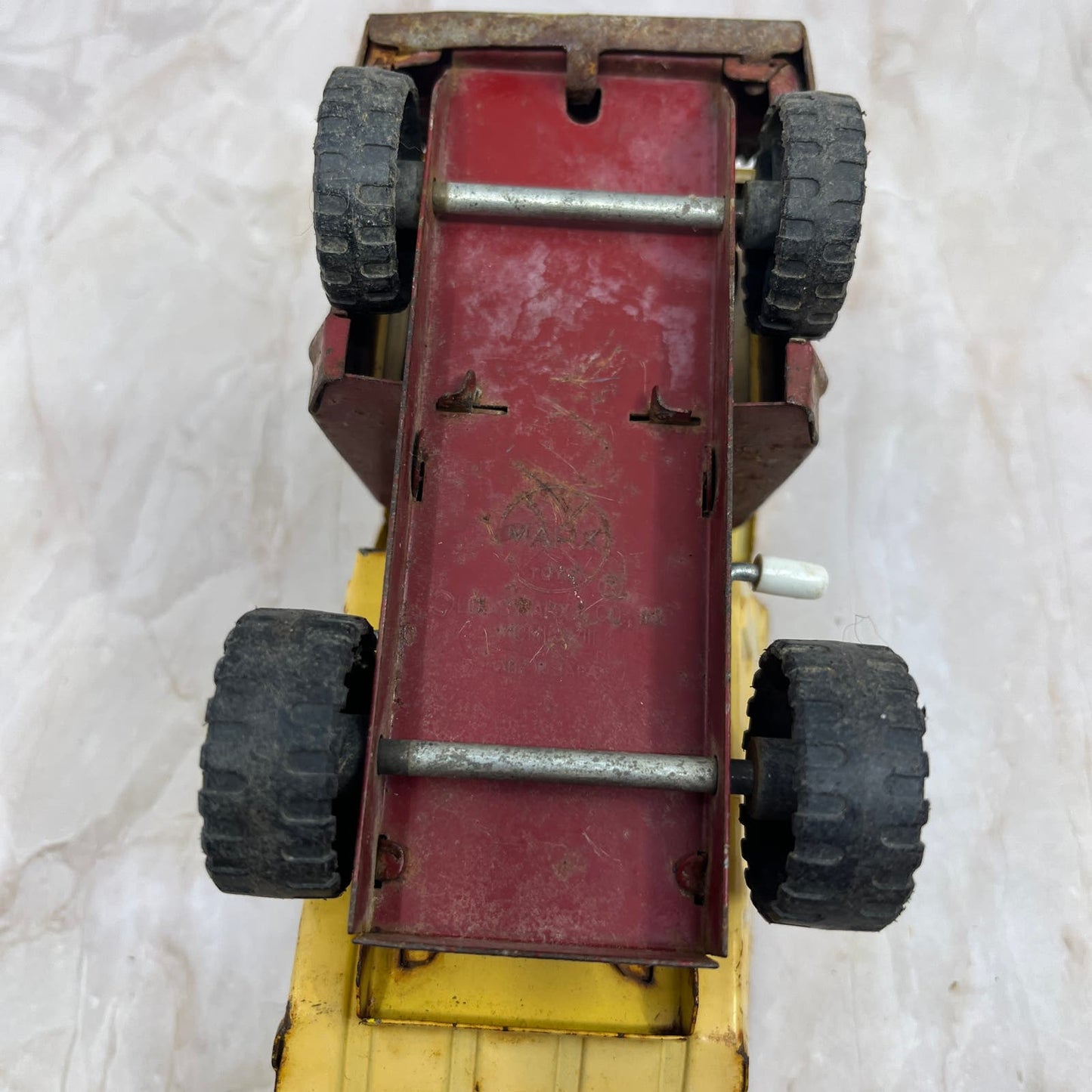 MARX Toys Pressed Steel Red and Yellow Dump Truck Made in Japan 7."x3.5 TH5