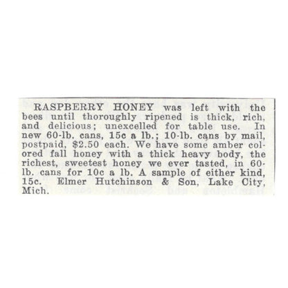 Elmer Hutchinson & Son Raspberry Honey Lake City Michigan 1926 Ad AG3-S22