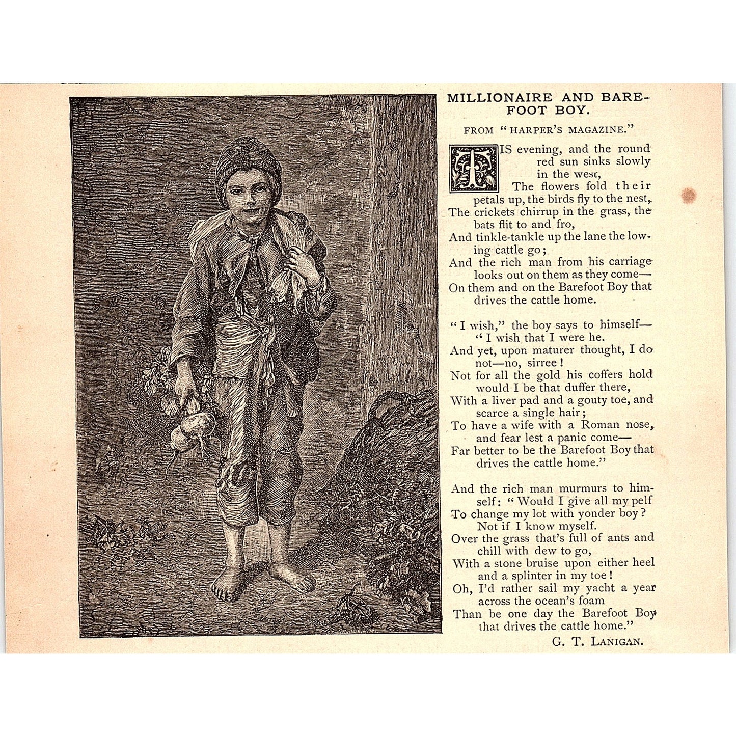 Millionaire and Barefoot Boy - G.T. Lanigan 1884 Poem AG3-1