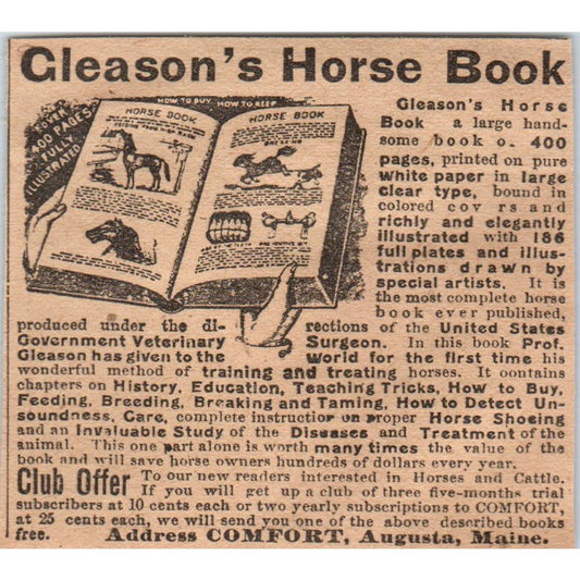 Gleason's Horse Book Promo Comfort Augusta Maine 1910 Magazine Ad AF1-CM2