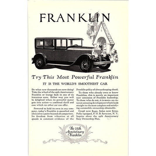 Franklin - The World's Smoothest Car 25th Anniversary 6x10 1920s Original Ad D24