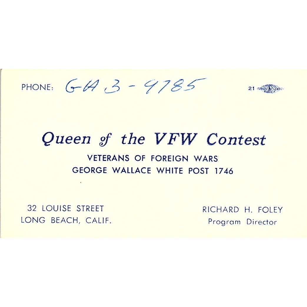 Queen of The VFW Contest Richard H. Foley Calif Vintage Business Card SF3-B3