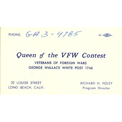 Queen of The VFW Contest Richard H. Foley Calif Vintage Business Card SF3-B3