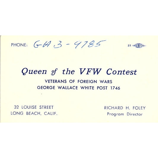 Queen of The VFW Contest Richard H. Foley Calif Vintage Business Card SF3-B3