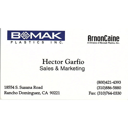 Hector Garfio Beemak Plastics Inc Rancho Dominguez Vintage Business Card SC9-B8