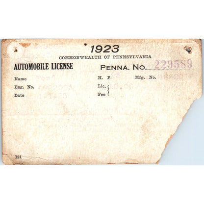 1923 Pennsylvania Ford Automobile License Card AF7-E3
