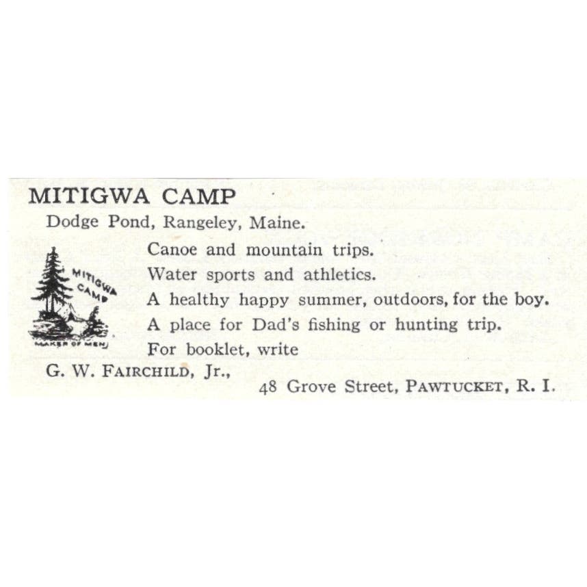 Mitigwa Camp Dodge Pond Rangeley G.W. Fairchild Jr. c1918 Advertisement AE5-SV2