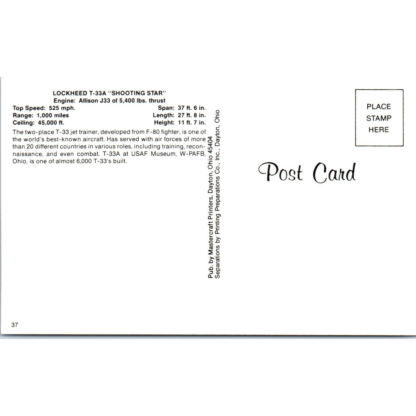Lockheed T-33A Shooting Star Vintage Postcard TG8-PC