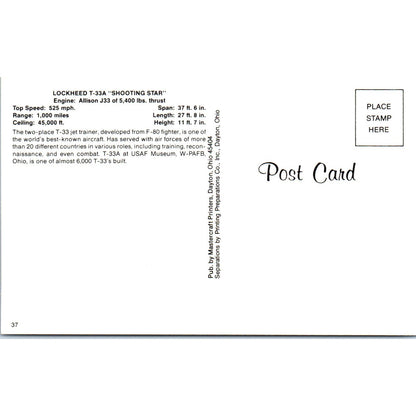 Lockheed T-33A Shooting Star Vintage Postcard TG8-PC