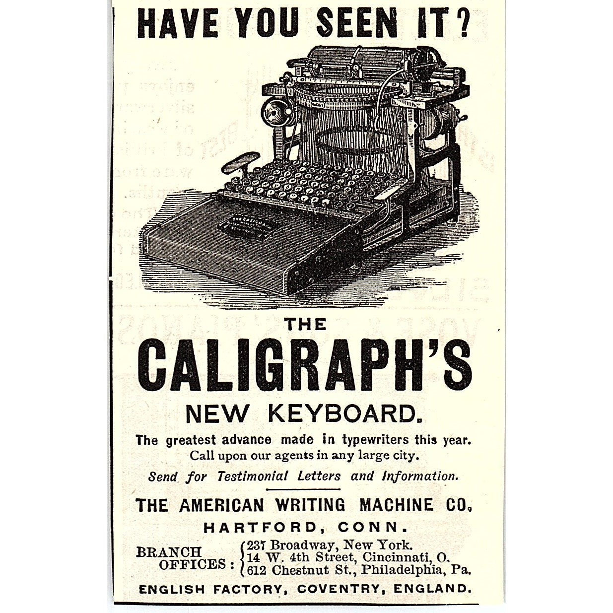 The Caligraph's New Keyboard American Writing Machine Hartford 1892 Ad AG2-M10
