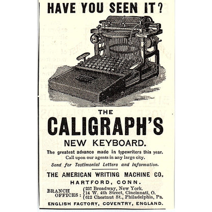 The Caligraph's New Keyboard American Writing Machine Hartford 1892 Ad AG2-M10