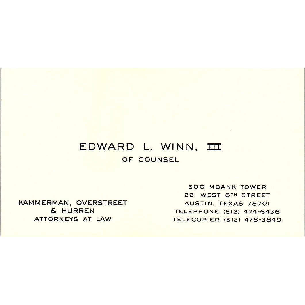 Edward L Winn III Attorney Austin TX Vintage Business Card SE3-B11
