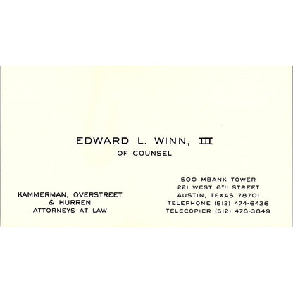 Edward L Winn III Attorney Austin TX Vintage Business Card SE3-B11