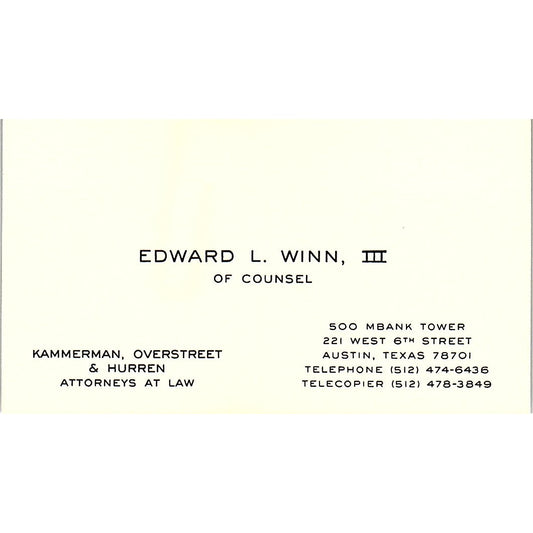 Edward L Winn III Attorney Austin TX Vintage Business Card SE3-B11