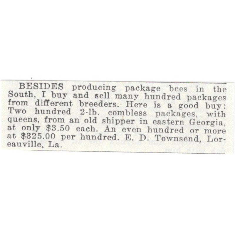 E.D. Townsend Package Bees Loreauville Louisiana 1926 Ad AG3-S23