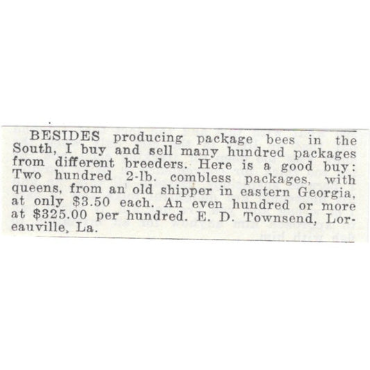 E.D. Townsend Package Bees Loreauville Louisiana 1926 Ad AG3-S23