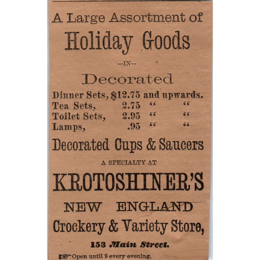 Krotoshiner's Crockery & Variety Store 1886 Hartford CT Victorian Ad AB8-HT1