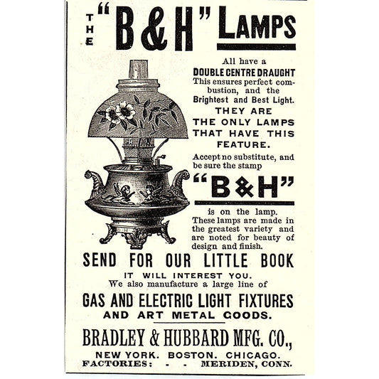 B&H Lamps Bradley & Hubbard Mfg Co Gas & Electric 1892 Ad AG2-M12