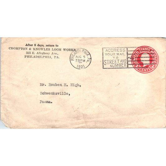 1921 Crompton & Knowles Loom Works Philadelphia Postal Cover Envelope TG7-PC3