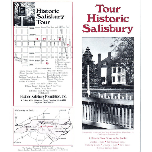 Vintage Tour Historic Salisbury North Carolina Fold Out Travel Brochure TF4-B3