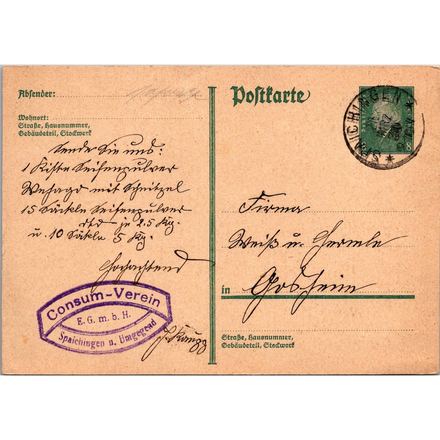 Consum-Verein Spaichingen Umgegend 1930 German Reich Postcard TE2-GRP