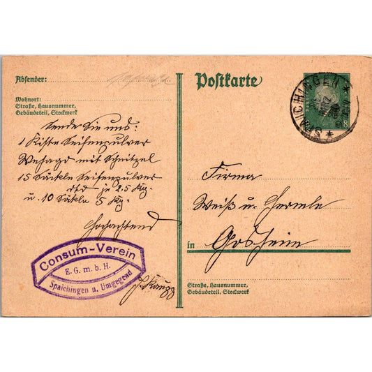 Consum-Verein Spaichingen Umgegend 1930 German Reich Postcard P5-12