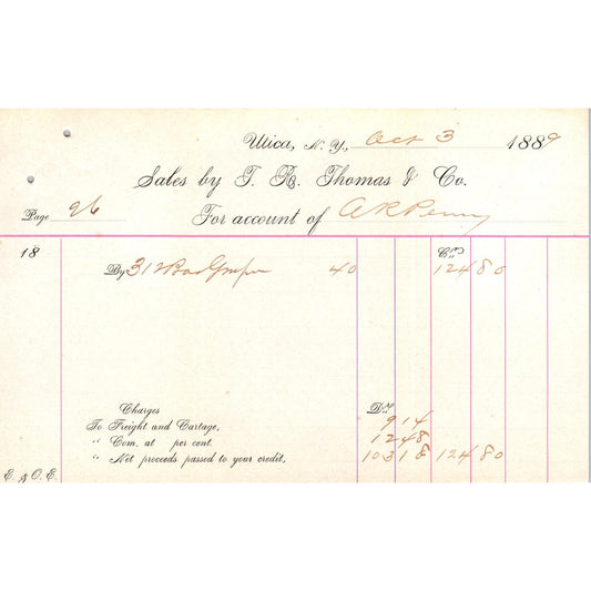 1889 T.R. Thomas & Co Utica NY Billhead Letterhead D17