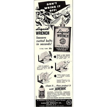 Liquid Wrench With Acra-Seal Radiator Specialty Co Charlotte NC 1955 Ad AG1-7
