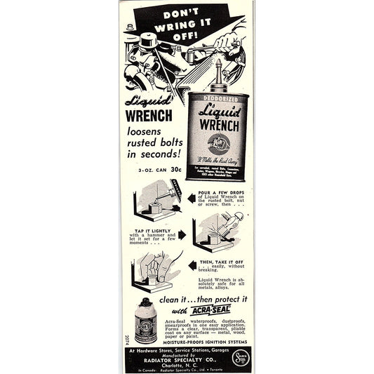Liquid Wrench With Acra-Seal Radiator Specialty Co Charlotte NC 1955 Ad AG1-7