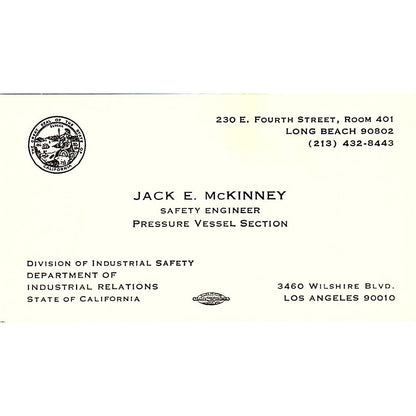 Jack E Mckinney Los Angeles CA Vintage Business Card SF3-B6