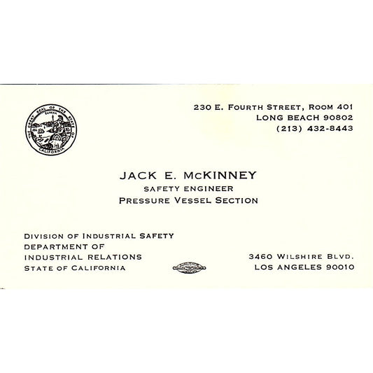 Jack E Mckinney Los Angeles CA Vintage Business Card SF3-B6