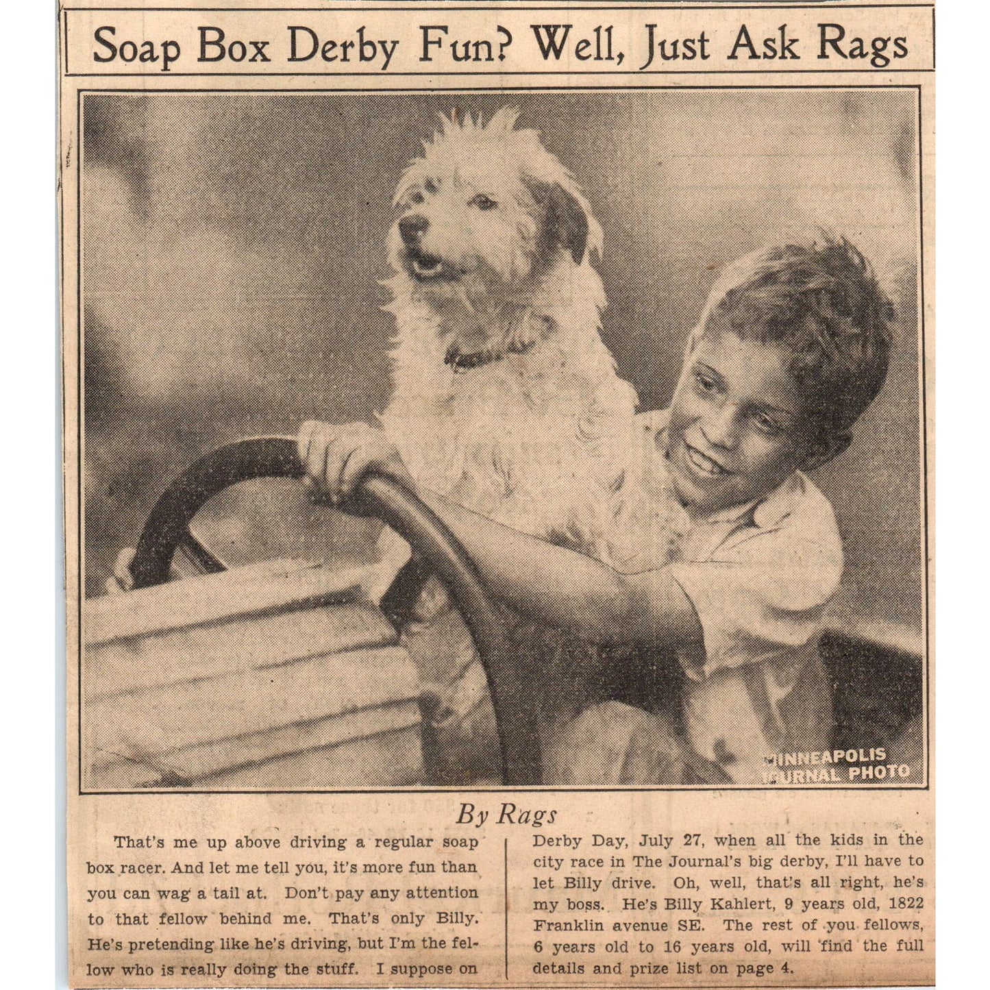 1935 Minneapolis Journal Soapbox Derby Billy Kahlert Rags the Dog Article AE7-N3