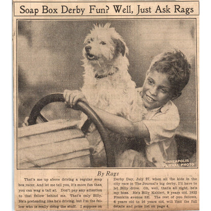 1935 Minneapolis Journal Soapbox Derby Billy Kahlert Rags the Dog Article AE7-N3