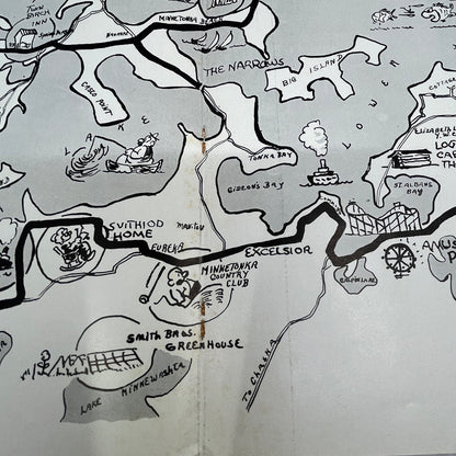 Map of Lake Minnetonka Illustrated With Local Businesses 1940 Fold Out D17