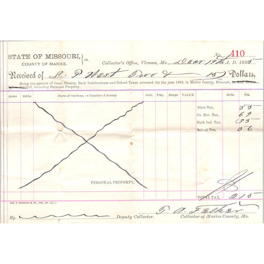 1885 Missouri County of Maries Tax Collector Receipt Vienna MO AE7