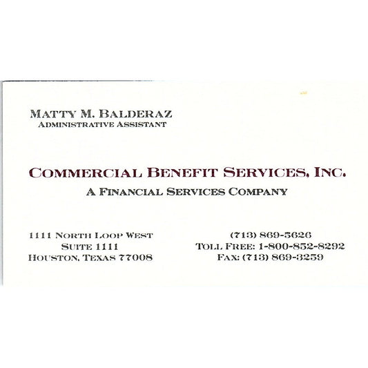 Matty H Balderaz Commercial Benefit Services Houston Vtg Business Card SD9-B7