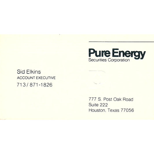 Pure Energy Securities Corporation Sid Elkins Houston Texas Business Card SF3-B4
