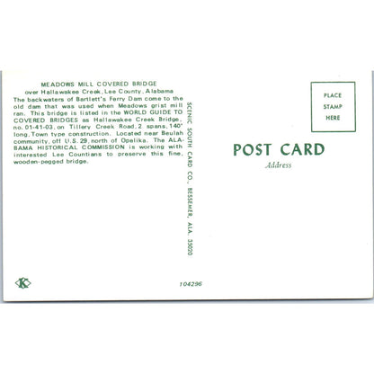 Meadows Mill Bridge Halawakee Creek Lee County AL Covered Bridge Postcard PB13