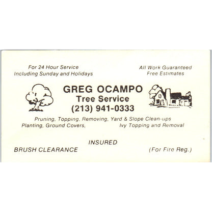 Greg Ocampo Tree Service Long Beach CA Vintage Business Card SD8-B19
