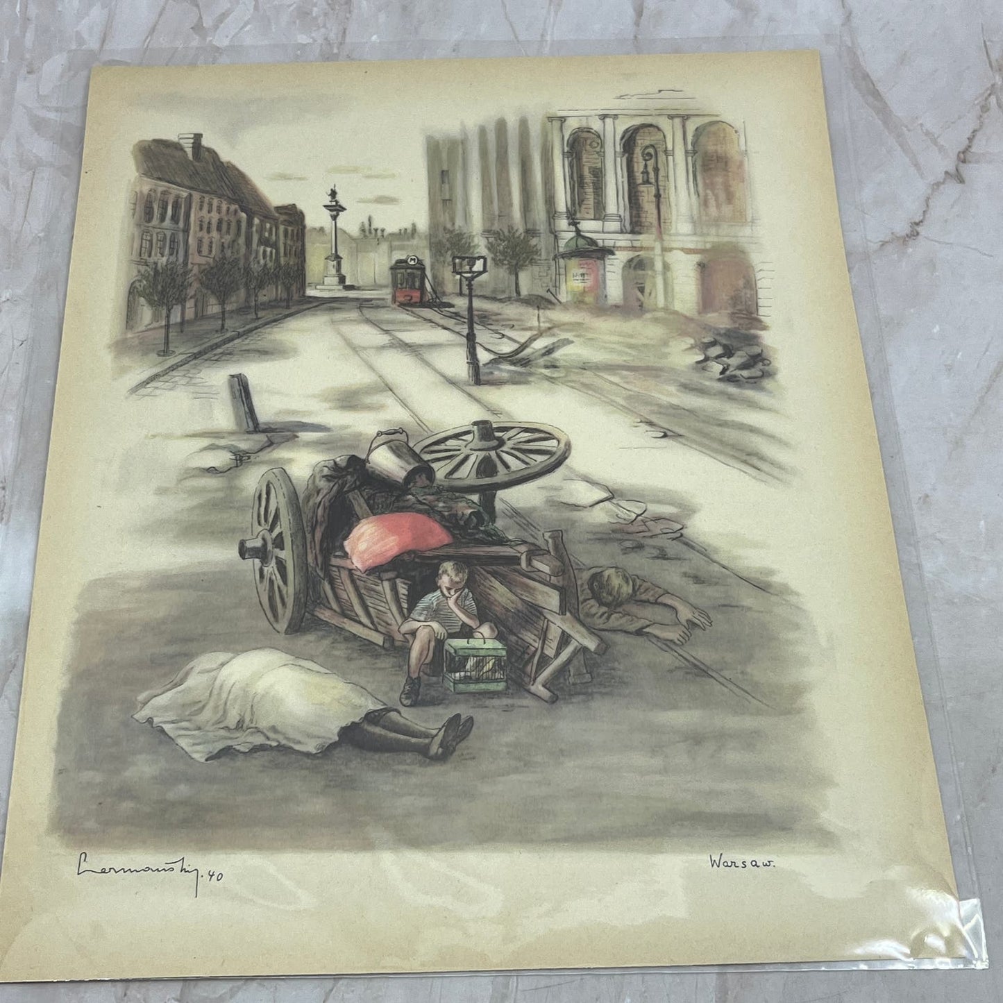 1941 WWII Print Warsaw Poland Street Scene Cityscape Zdzislaw Czermanski FL6-9