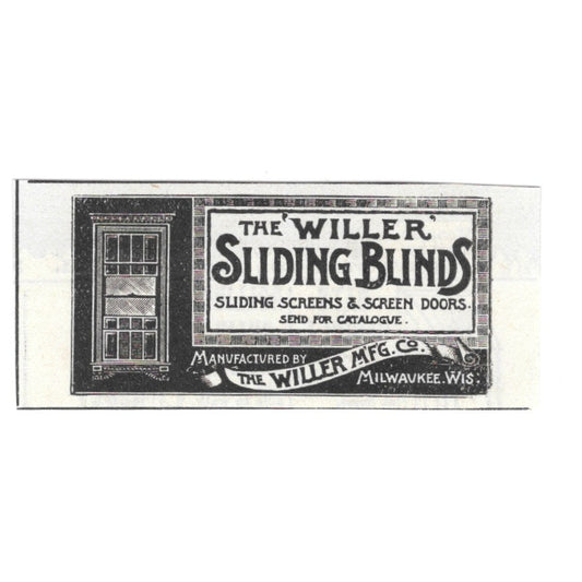 Willer Mfg Co "Willer" Sliding Blinds Screen Doors Milwaukee WI 1892 Ad AG2-S20