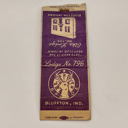 BPOE Elks Lodge No.796 Bluffton IN Vintage Matchbook TB6-MB2-15