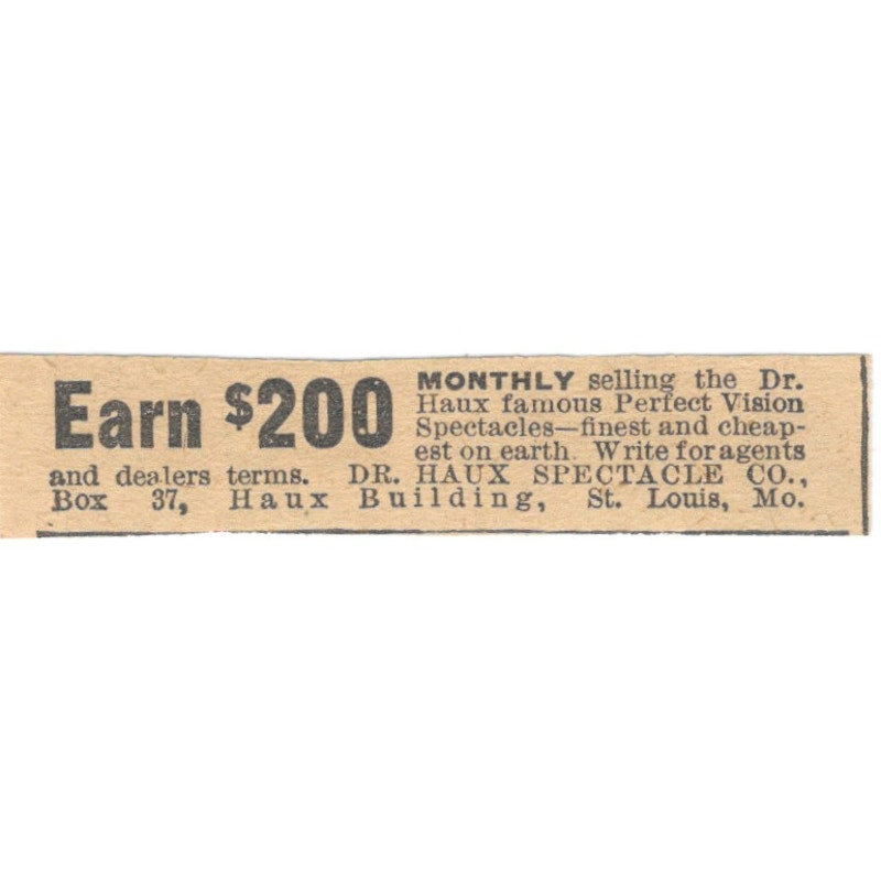 Dr. Haux Spectacle Co Agents Wanted St. Louis MO 1910 Magazine Ad AF1-SS8