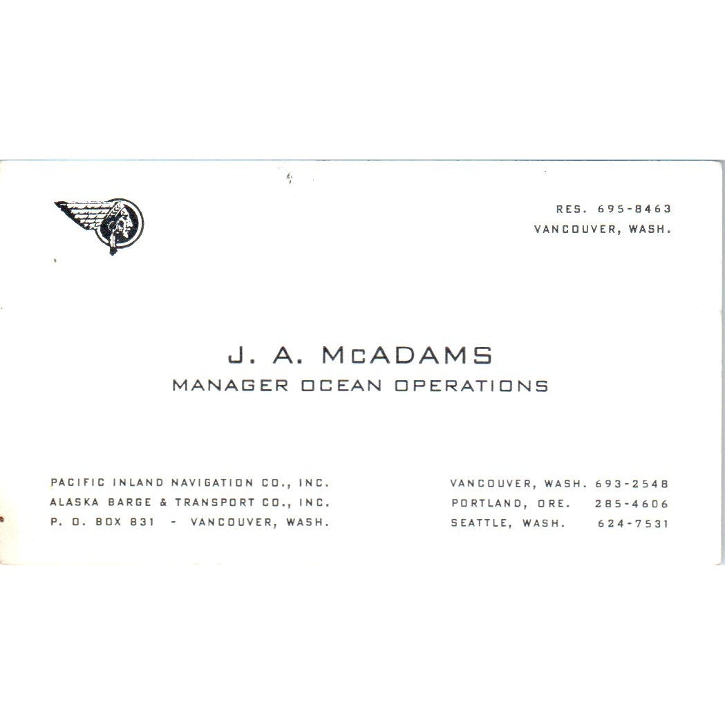 J.A. McAdams Ocean Operations Vancouver WA Vintage Business Card SD8-B8