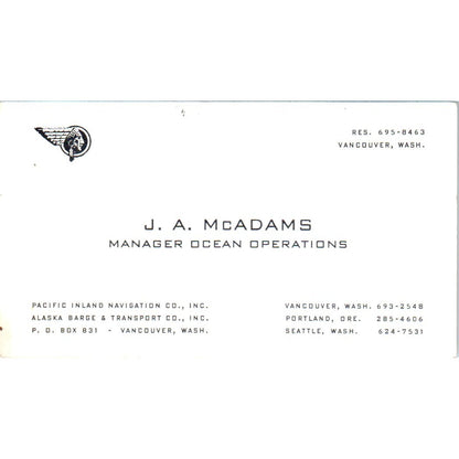 J.A. McAdams Ocean Operations Vancouver WA Vintage Business Card SD8-B8