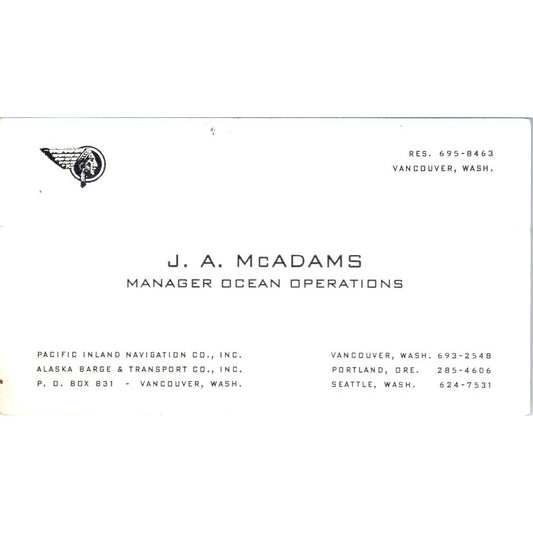 J.A. McAdams Ocean Operations Vancouver WA Vintage Business Card SD8-B8