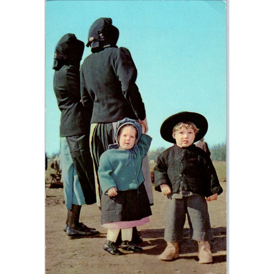Little Amish Boy and Girl With Parents Pennsylvania Dutch Country Postcard PD7