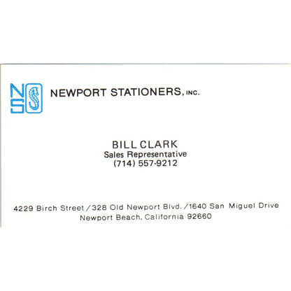 Bill Clark Newport Stationers Newport Beach CA Vintage Business Card SE3-B4